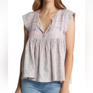 Lucky Brand Boho Smocked Pink and Gray Cap Sleeve Blouse sz XL
